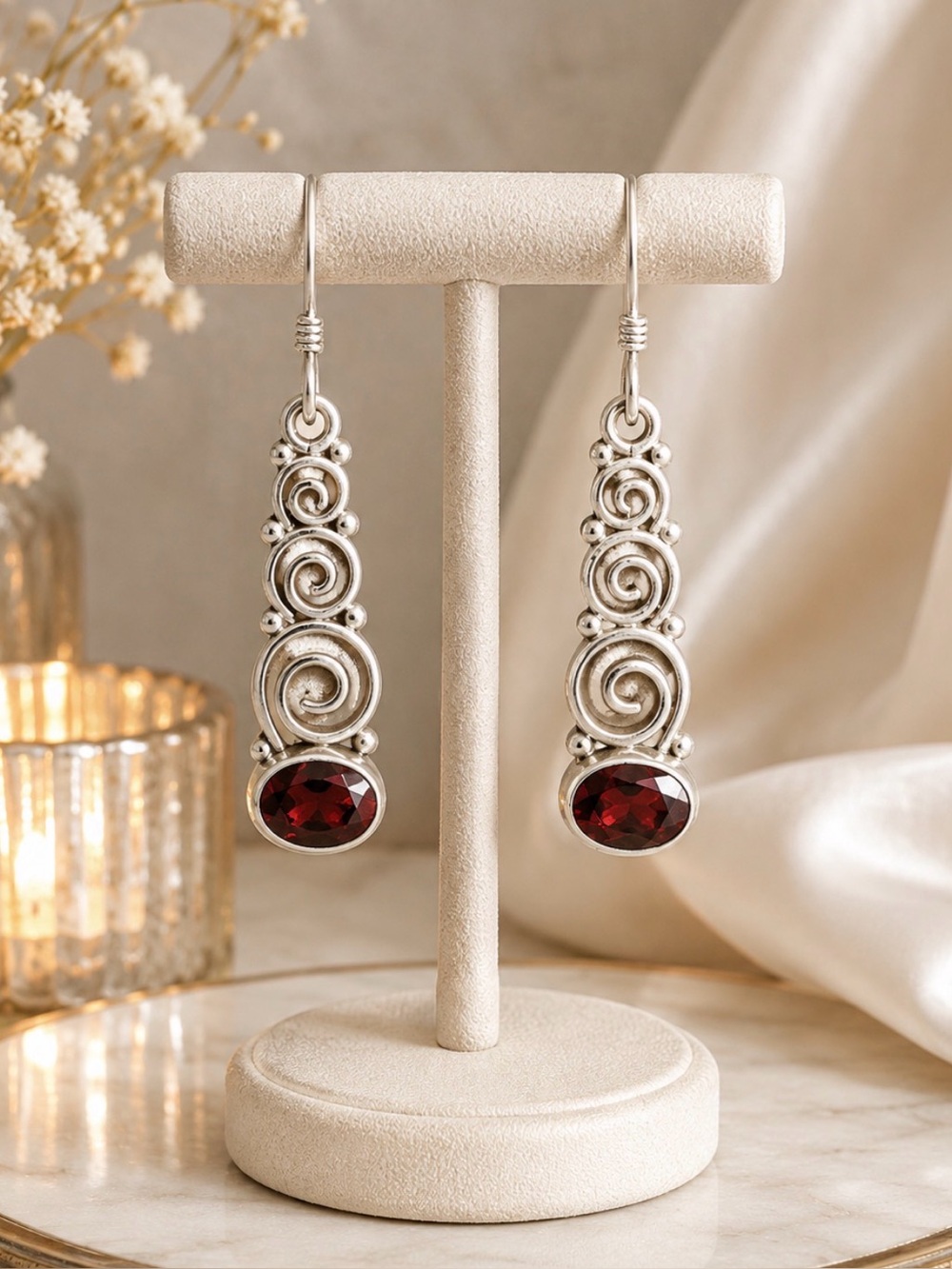 Earrings 925 Sterling Silver Dangle Garnet Gemstone Delicate Dainty